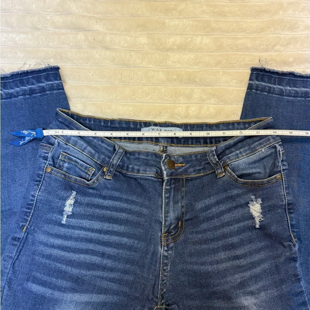 Wax Jean: Junior Distressed Blue High Rise Skinny Jean, Raw Hem Ankle, Size 9